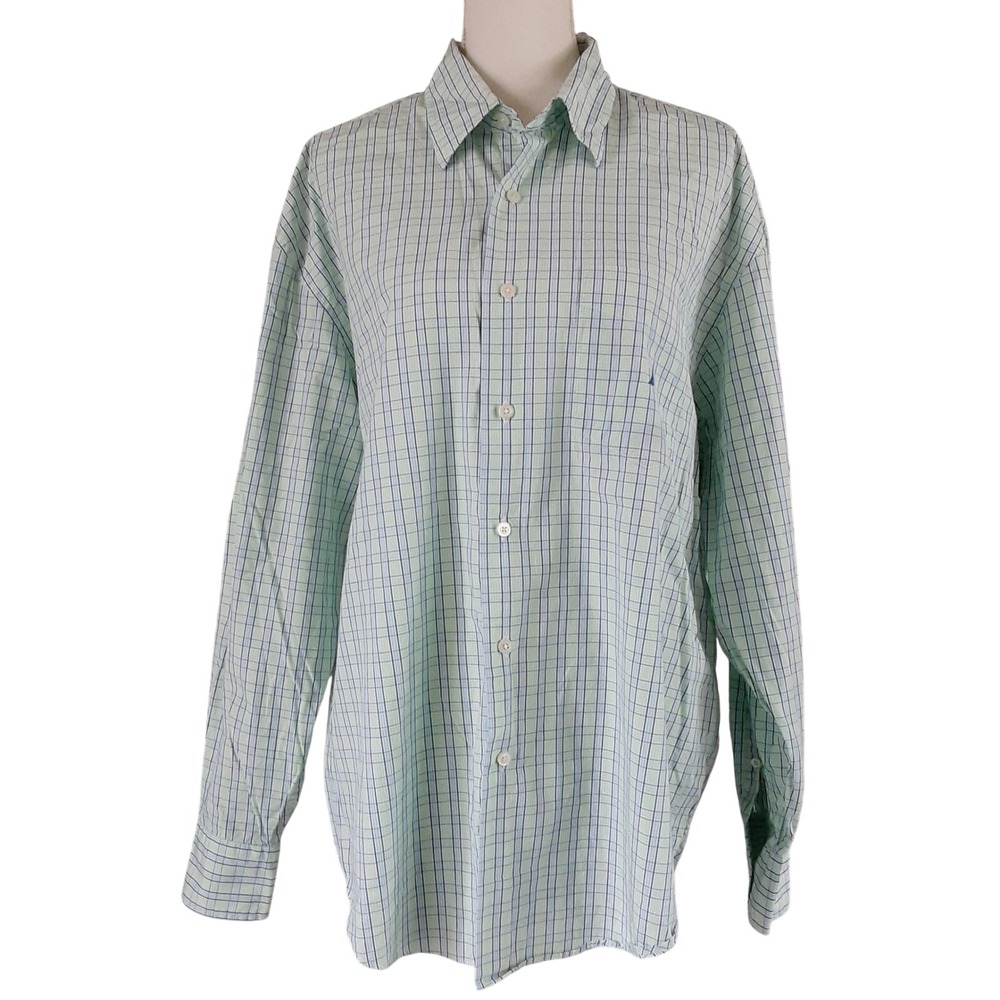 Nautica 80s Two-Ply Cotton Long Sleeve Button Shirt Green Blue Plaid Mens Large